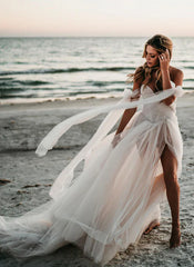 Aimishang Elegant Beach Pleated Tulle Off-The-Shoulder A-Line Wedding Dresses With Slit