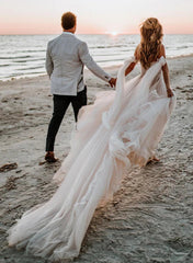 Aimishang Elegant Beach Pleated Tulle Off-The-Shoulder A-Line Wedding Dresses With Slit