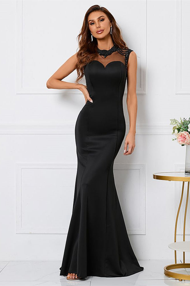 Beaded High Collar Mermaid Sleeveless Evening Dress - Black