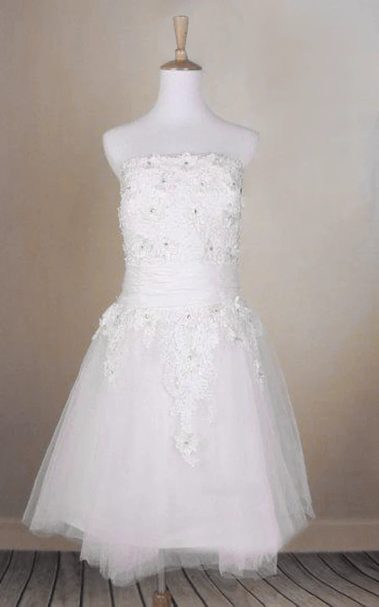 Beaded Short Tulle Wedding Dress With Lace Bodice and Straight Neckline