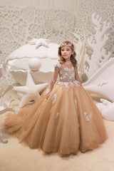 Beautiful A-line Bateau Train Flower Girl Dress with Tulle Lace Sequins and Appliques