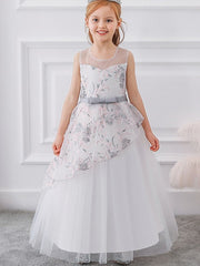 Beautiful Ball Gown Sleeveless Illusion Neck Flower Girl Dress with Tulle Sash Ribbon Bow and Embroidery
