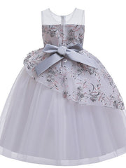 Beautiful Ball Gown Sleeveless Illusion Neck Flower Girl Dress with Tulle Sash Ribbon Bow and Embroidery