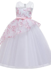 Beautiful Ball Gown Sleeveless Illusion Neck Flower Girl Dress with Tulle Sash Ribbon Bow and Embroidery