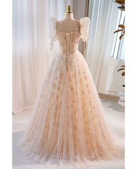 Unique and beautiful champagne sequin square neck fluffy short sleeved ball dress champagne A-shaped princess backless strap and floor length evening dress