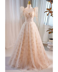 Unique and beautiful champagne sequin square neck fluffy short sleeved ball dress champagne A-shaped princess backless strap and floor length evening dress