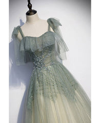 Elegant and Sweet Sage Green Sleeveless Off Shoulder Beads with Sparkling Sheer Sequins Prom Dress Sage Green A-line Princess Shoulder Off Back Sweeping Train Ruffle Edge Evening Dress