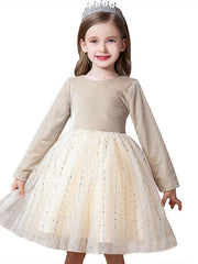 Beautiful Flower Girl Dress with Splicing Paillette - Tulle Velvet Long Sleeve Jewel Neck Ball Gown Knee Length