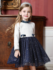 Beautiful Knee Length Flower Girl Dress with Long Sleeve and High Neck Tulle Splicing