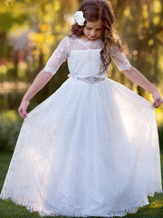 Beautiful Lace Tulle A-Line Floor Length Flower Girl Dress with Long Sleeve and Tier