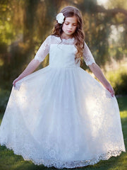 Beautiful Lace Tulle A-Line Floor Length Flower Girl Dress with Long Sleeve and Tier