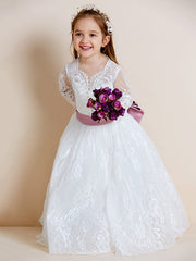 Beautiful Lace Tulle Ball Gown Flower Girl Dress with Long Sleeve V Neck and Sash Ribbon Bow