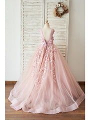Beautiful Lace Tulle Sleeveless Jewel Ball Gown with Pearls for Flower Girls