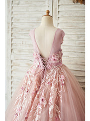 Beautiful Lace Tulle Sleeveless Jewel Ball Gown with Pearls for Flower Girls