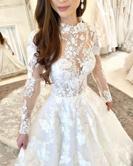 Beautiful Long A-line High Neck Open Back Wedding Dress With Lace Sleeves