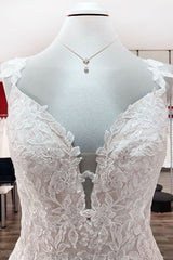 Beautiful Long A-Line V-Neck Tulle Lace Wedding Dress with Ruffles and Open Back