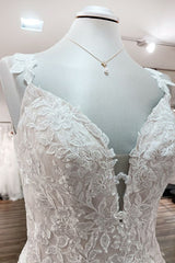 Beautiful Long A-Line V-Neck Tulle Lace Wedding Dress with Ruffles and Open Back