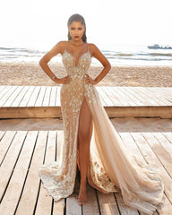 Beautiful Long Mermaid Spaghetti Straps V-neck Tulle Lace Appliques Prom Dresses