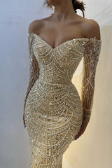 Beautiful Long Sleeves Off-the-Shoulder Prom Dress Mermaid Pearls With Beads