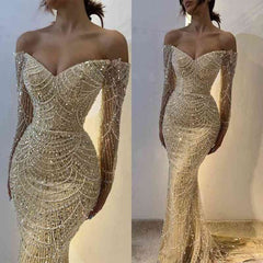 Beautiful Long Sleeves Off-the-Shoulder Prom Dress Mermaid Pearls With Beads