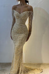Beautiful Long Sleeves Off-the-Shoulder Prom Dress Mermaid Pearls With Beads