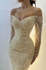 Beautiful Long Sleeves Off-the-Shoulder Prom Dress Mermaid Pearls With Beads