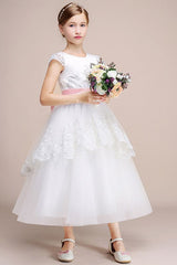 Beautiful Lovely Jewel Cap Sleeves Flower Girl Dress Tulle