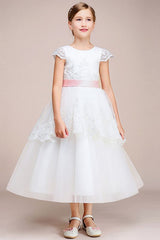 Beautiful Lovely Jewel Cap Sleeves Flower Girl Dress Tulle