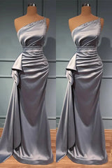 Beautiful One Shoulder Silver Mermaid Evening Dress Long With Beads