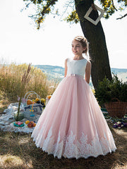 Beautiful Princess Sleeveless Jewel Neck Flower Girl Dress with Tulle Cotton and Lace Belt Appliques