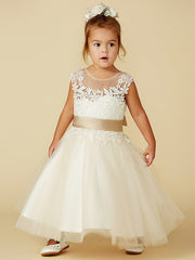 Beautiful Sleeveless Jewel Neck Ball Gown with Lace Tulle, Belt, Buttons & Beading for Flower Girls