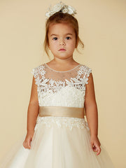 Beautiful Sleeveless Jewel Neck Ball Gown with Lace Tulle, Belt, Buttons & Beading for Flower Girls