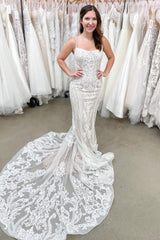 Beautiful Spaghetti Straps Mermaid Wedding Dress with Appliques Lace