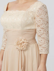 Aimishang  Sheath / Column Mother of the Bride Dress Formal Classic & Timeless Elegant & Luxurious Plus Size Square Neck Floor Length Chiffon Metallic Lace 3/4 Length Sleeve No with Sash / Ribbon Flower