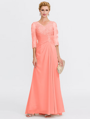 A-Line Mother of the Bride Dress Plus Size Elegant  V Neck Floor Length Chiffon Half Sleeve with Appliques Side Draping