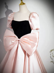 A-Line Puff Sleeves Pink Long Prom Dress, Pink Long Evening Dress