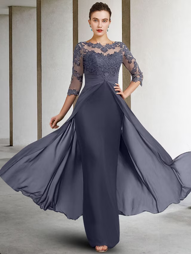 Mother of the Bride Dress Elegant  Floor Length Chiffon Lace Sleeve with Ruched Appliques