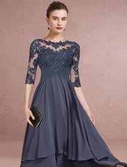 Sheath / Column Mother of the Bride Dress Wedding Guest Party Elegant Jewel Neck Asymmetrical Chiffon Lace Half Sleeve with Pleats Solid Color