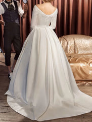 Aimishang Engagement Vintage 1940s / 1950s Formal Fall Wedding Dresses Ball Gown Off Shoulder Long Sleeve Court Train Satin Bridal Gowns With Sash / Ribbon Appliques Summer Wedding Party, Women‘s Clothing
