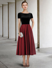 Aimishang A-Line Mother of the Bride Dress Elegant Jewel Neck Tea Length Satin Velvet Short Sleeve with Pleats Color Block