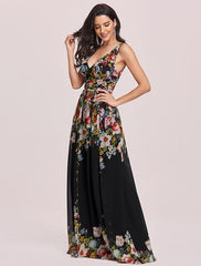 A-Line Plus Size Wedding Formal Evening Dress V Neck V Back Sleeveless Floor Length Chiffon with Pleats