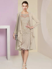 Aimishang  Two Piece Mermaid / Trumpet Mother of the Bride Dress Formal Wedding Guest Vintage Elegant Scoop Neck Knee Length Chiffon Lace Half Sleeve Jacket Dresses with Pleats Appliques