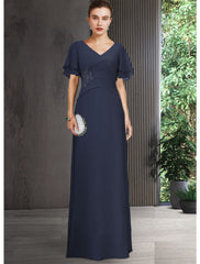 Aimishang Sheath / Column Mother of the Bride Dress Elegant V Neck Floor Length Chiffon Short Sleeve with Appliques Ruching