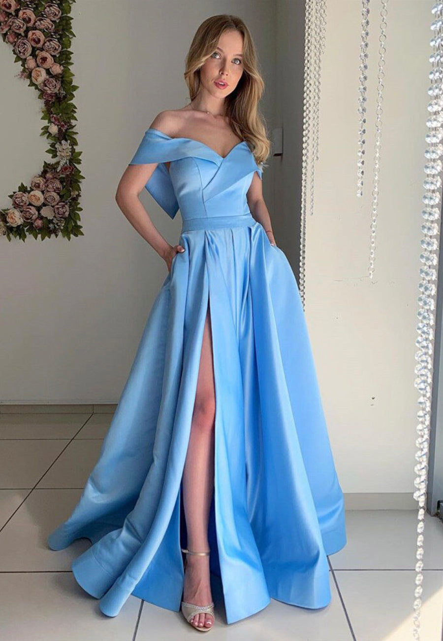 Blue Satin Long Prom Dresses, A-Line Off the Shoulder Evening Dresses