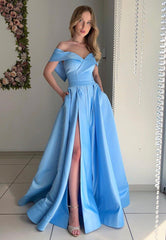 Blue Satin Long Prom Dresses, A-Line Off the Shoulder Evening Dresses