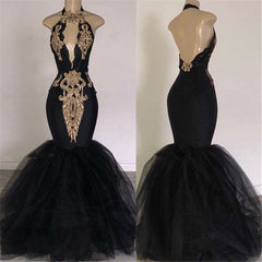 Black Halter Open Back Appliques Mermaid Prom Dress