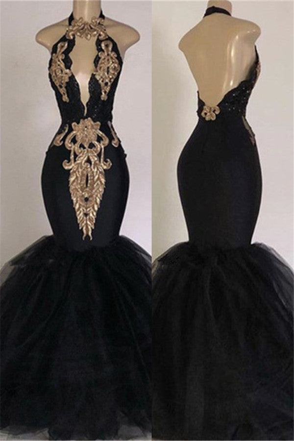 Black Halter Open Back Appliques Mermaid Prom Dress