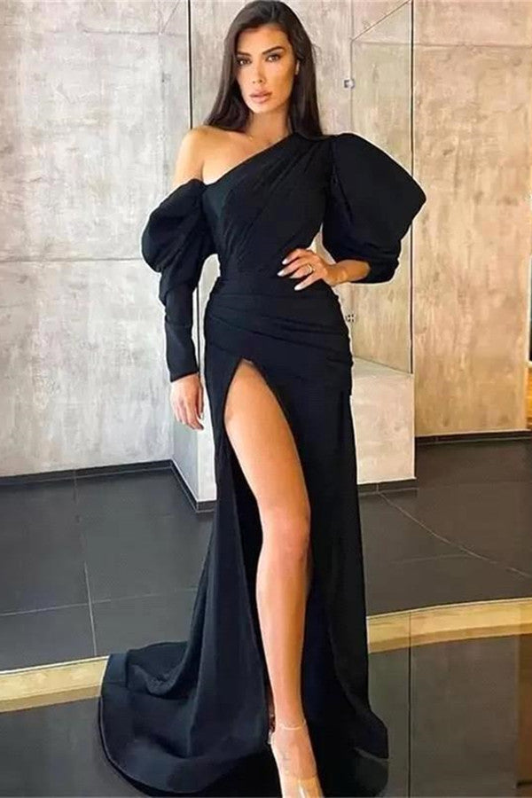Black Long Mermaid Satin Front Slit Evening Prom Dress with Sleeves