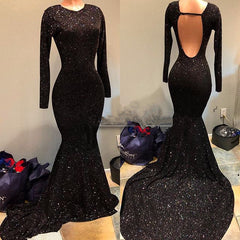 Black Long Sleeves Jewel Sequins Open Back Sexy Prom Dress