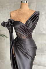Black Long Sleeves Mermaid One Shoulder Satin Formal Prom Dress